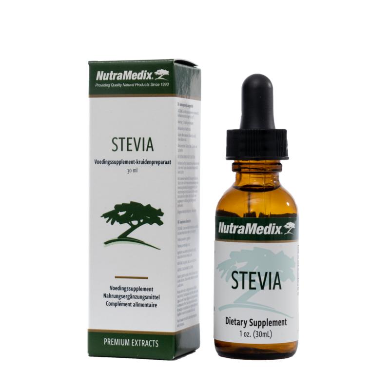 Nutramedix Stevia herbal supplement in a 30ml bottle, part of Nutramedix's kruidenpreparaten collection, with herbal packaging.