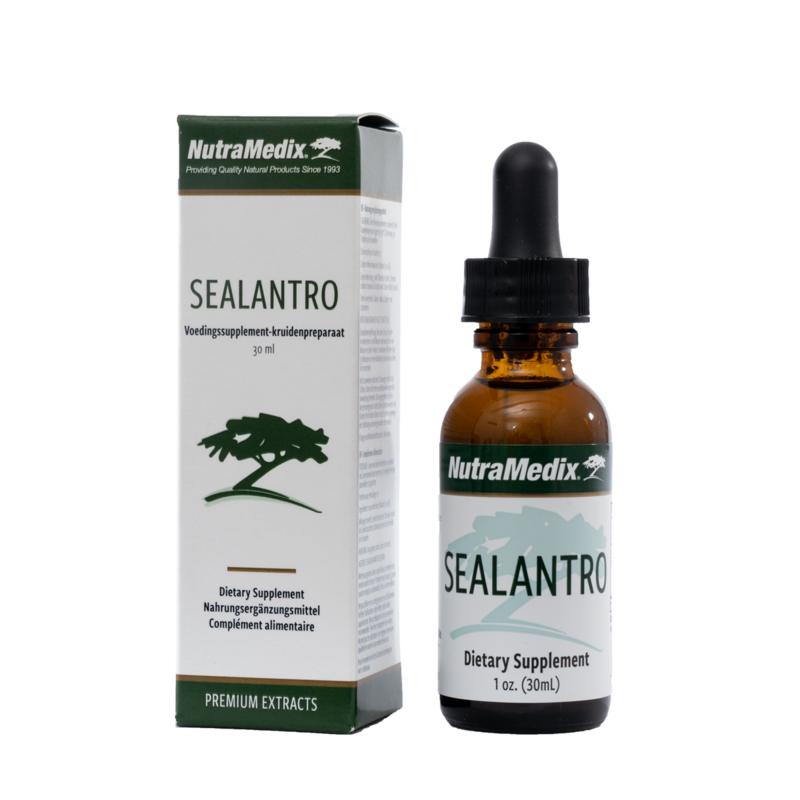 Nutramedix Sealantro herbal tincture in a 30ml bottle, part of Nutramedix's herbal supplement range, with a dropper cap visible.