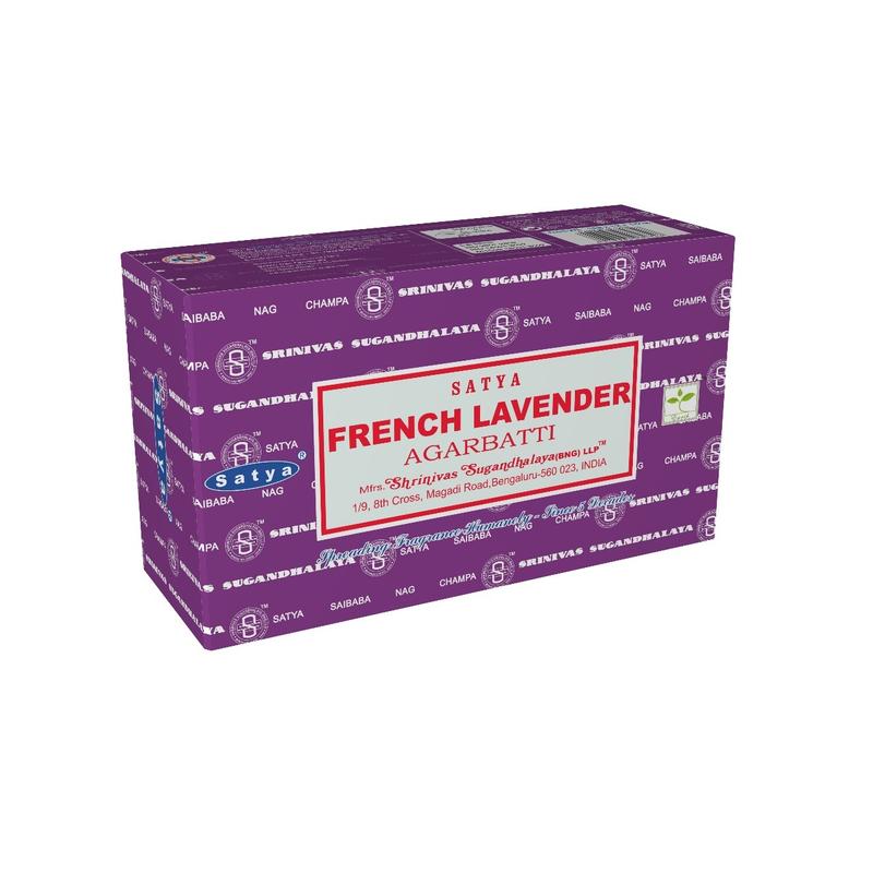 Green Tree French lavender incense sticks, 15 grams, with purple lavender flowers and packaging detail in the image.