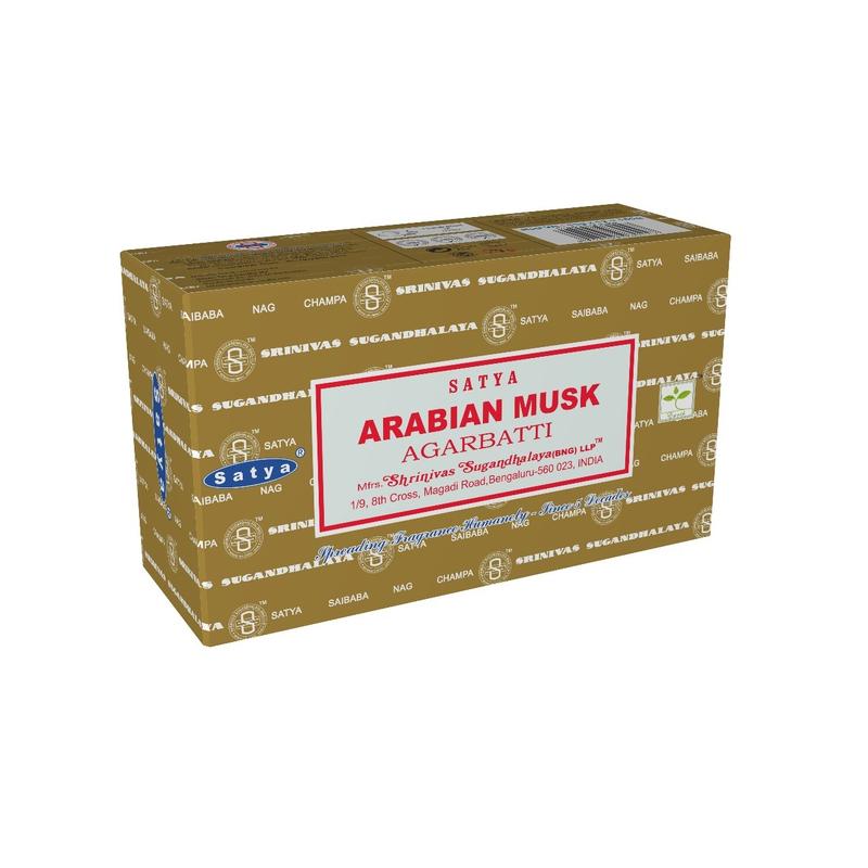 Green Tree Arabian Musk incense sticks, 15 grams, with green and brown packaging, showing the incense sticks inside.