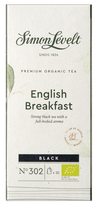 Simon Levelt English Breakfast Max Havelaar organic coffee in 20 tea bags, showcasing the packaging with coffee and tea branding.