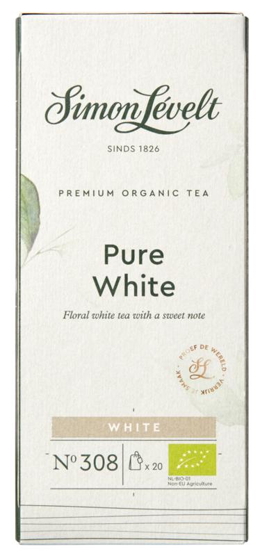 Simon Levelt pure white bio coffee and tea in 20.00 zakjes, organic packaging with coffee and tea leaves visible.