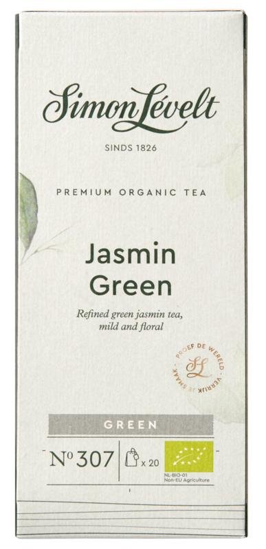 Simon Levelt jasmine green organic tea in 20 tea bags, fresh green tea with jasmine aroma, in packaging shown in image 835083.