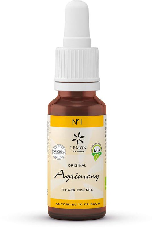Bach Bloesem Agrimony herbal remedy bottle, 20ml, in a natural setting, showcasing the herbal product and packaging.
