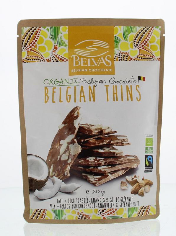 Belvas Thins melk kokos amandel organic chocolate piece with coconut and almond flavors, 120 grams, on a white background.