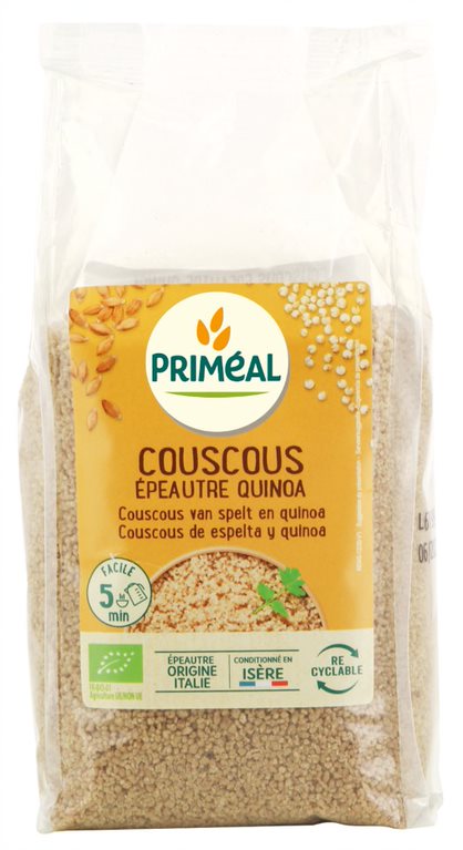 Primeal organic couscous, quinoa, and spelt pasta in a 500g package, highlighting natural grains and pasta variety.