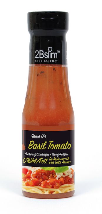 Bottle of 2bslim tomato basil pasta sauce in 250ml jar, showcasing fresh basil and rich tomato sauce for pasta dishes.