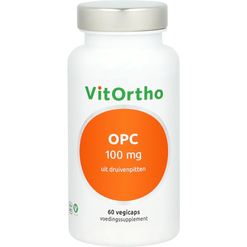 VitOrtho OPC 100 mg vegetarian capsules, herbal supplement in a clear bottle, showing 60 capsules on the label.