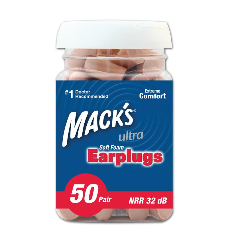 Macks Safesound Ultra hearing protection earplugs, 100 pairs, in a sealed package, designed for noise reduction and safety.