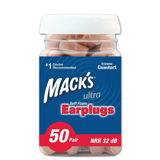 Macks Safesound Ultra hearing protection earplugs, 100 pairs, in a sealed package, designed for noise reduction and safety.