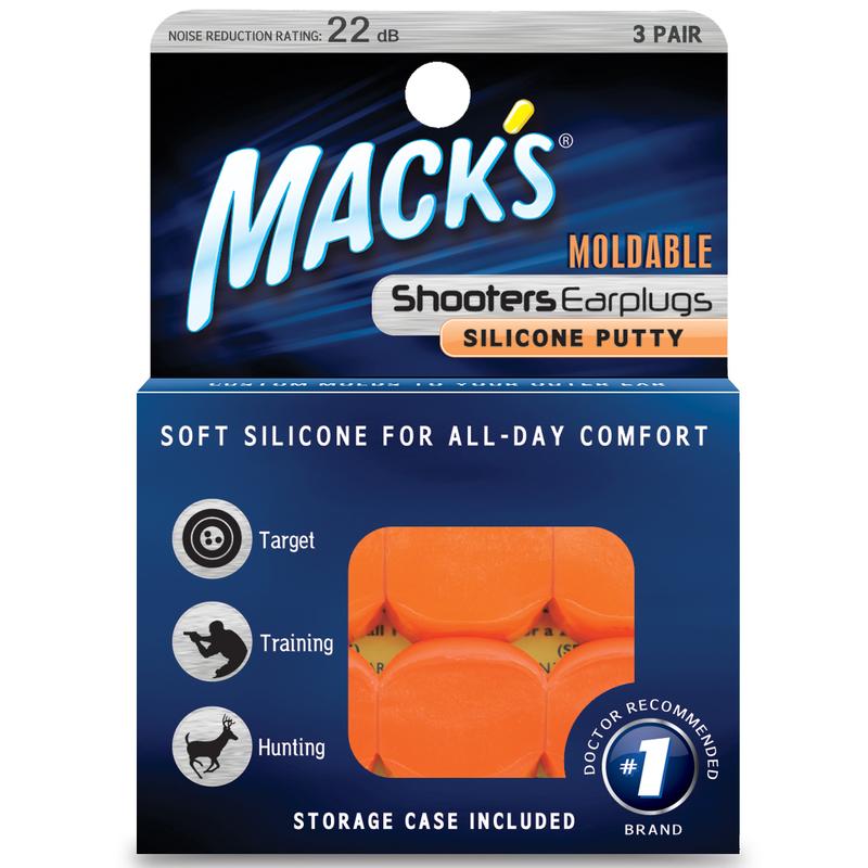Macks Shooters moldable orange earplugs for hearing protection, shown in a close-up image.