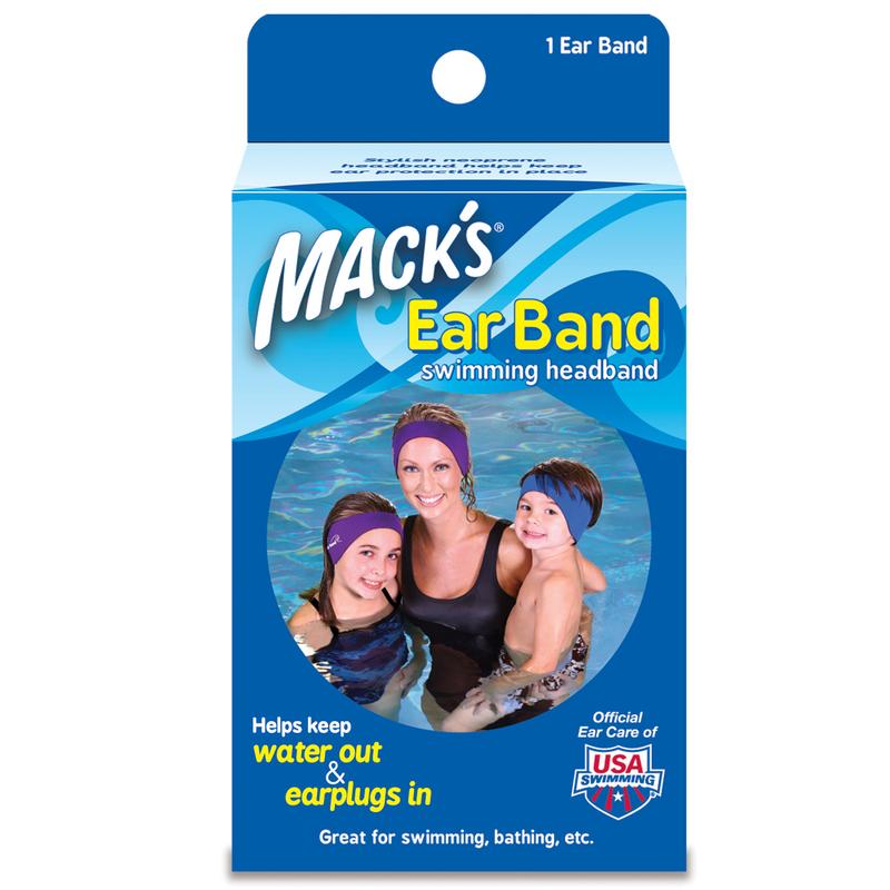 Macks Ear Band Swim gehoorbescherming in zwart, designed to protect ears during swimming activities.