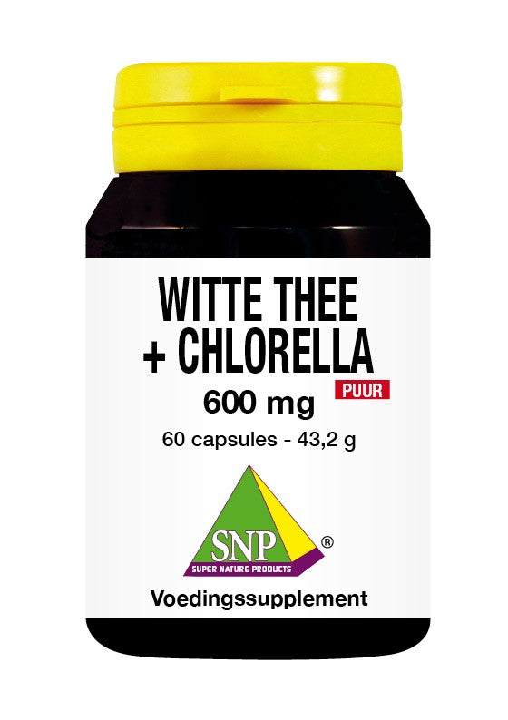 SNP Witte thee + chlorella 600mg capsules, herbal supplement in a clear bottle with 60 capsules, natural health product.