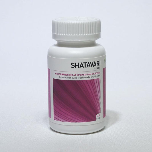 Ayurveda Health Shatavari herbal tablets in a white bottle, 60 tablets, natural Ayurvedic supplement for women's health.