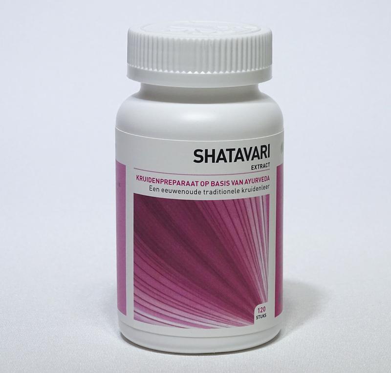 Ayurveda Health Shatavari herbal tablets, 120 count, natural supplement for women's health, in a white bottle with label.