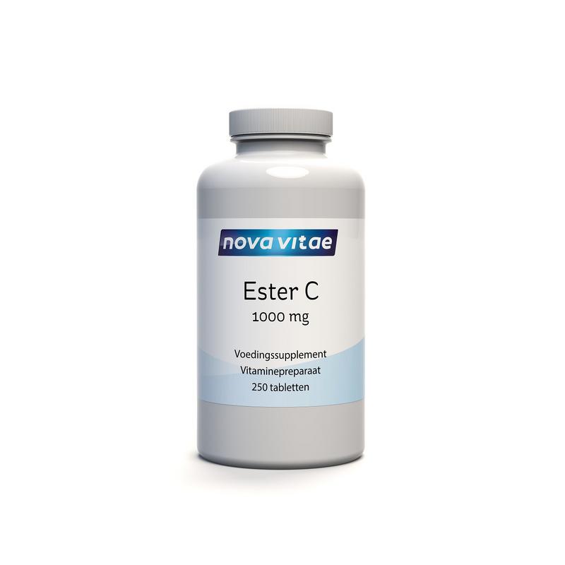 Nova Vitae Ester C Vitamin C 1000 mg tablets, close-up of 250 dietary supplement tablets in a bottle.