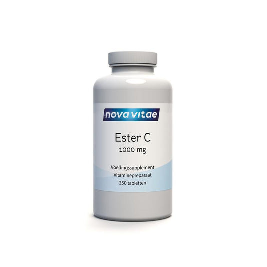 Nova Vitae Ester C Vitamin C 1000 mg tablets, close-up of 250 dietary supplement tablets in a bottle.