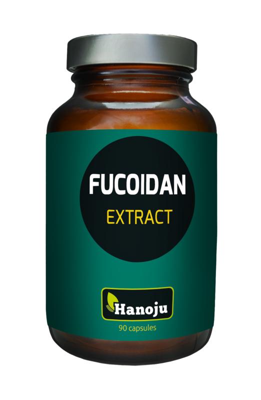 Hanoju Fucoidan bruinalg extract capsules, herbal supplement in a white bottle with 90 capsules, for immune support and wellness.