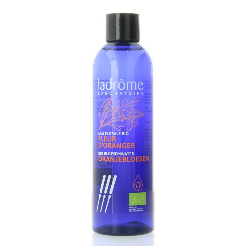Ladrome Oranjebloesemwater bio hydrolaat bottle, 200ml, with label showing orange blossom and natural ingredients.