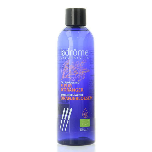 Ladrome Oranjebloesemwater bio hydrolaat bottle, 200ml, with label showing orange blossom and natural ingredients.
