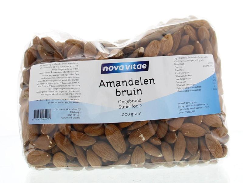 Raw, unroasted brown almonds from Nova Vitae, 1 kilogram, showcased in a natural, close-up view highlighting their texture.