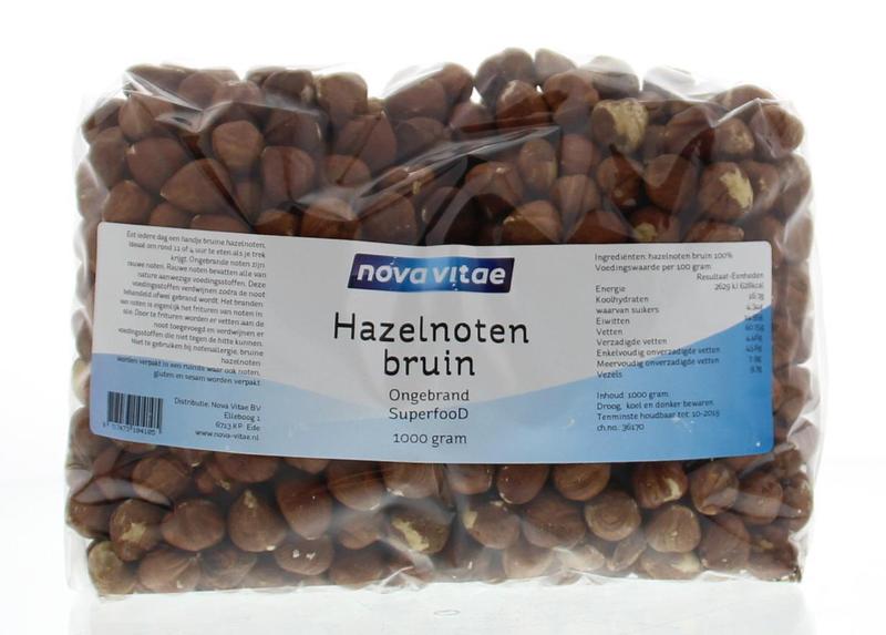 Raw Nova Vitae hazelnuts in their natural brown state, 1 kilogram, showcasing whole, unroasted superfood hazelnuts.