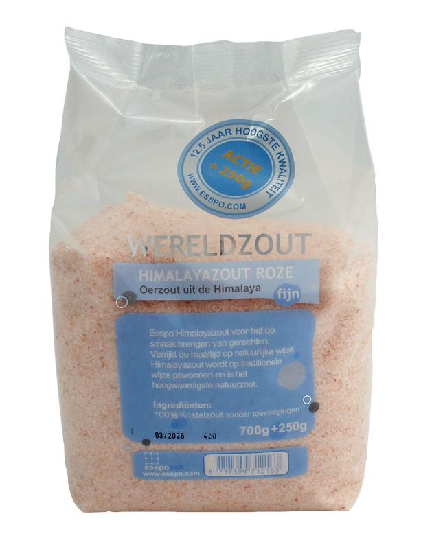 Esspo Himalayazout roze fijn in 950g package, Himalayan pink salt for culinary use, natural mineral seasoning with pink crystals.