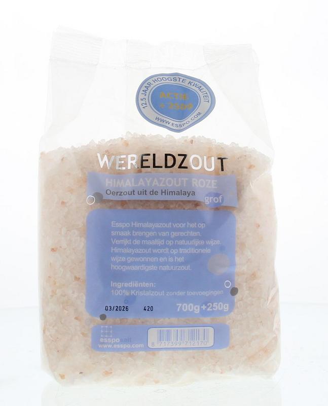 Esspo Himalayazout roze grof, 950g, in a clear container, showcasing large Himalayan pink salt crystals.