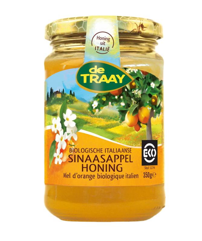 De Traay organic orange blossom honey jar labeled "Sinaasappelhoning" with a golden honey inside, 350 grams.
