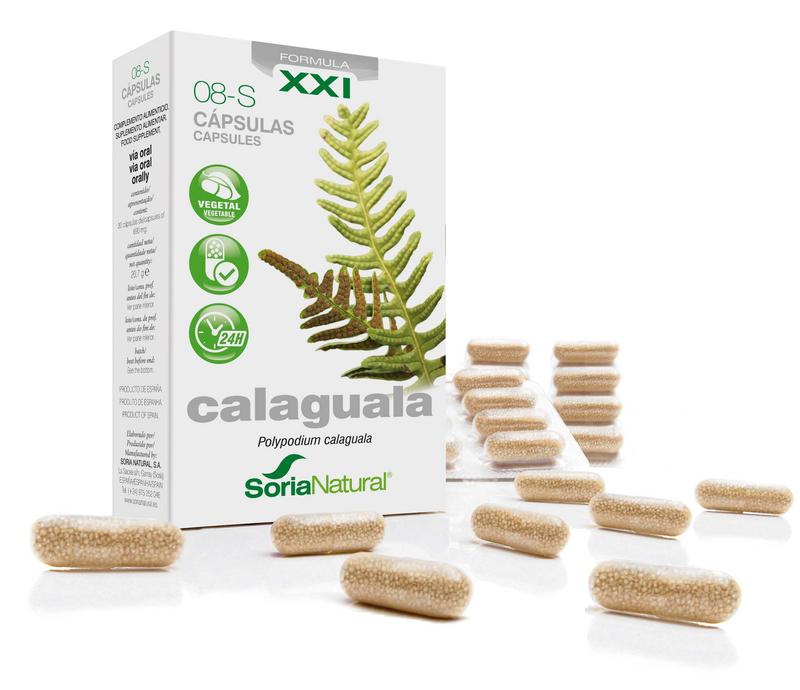 Soria Natural 8-S Calaguala XXI herbal capsules in a bottle, part of Soria Natural's herbal supplement line, 30 capsules visible.