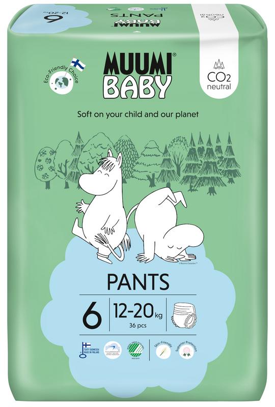 Muumi Baby ecological size 6 junior diaper pants for babies 12-20kg, 36-pack, soft and absorbent baby diaper underwear.