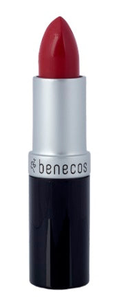 Benecos Natural Beauty lipstick in catwalk shade, natural makeup product, with a close-up of the lipstick tube.