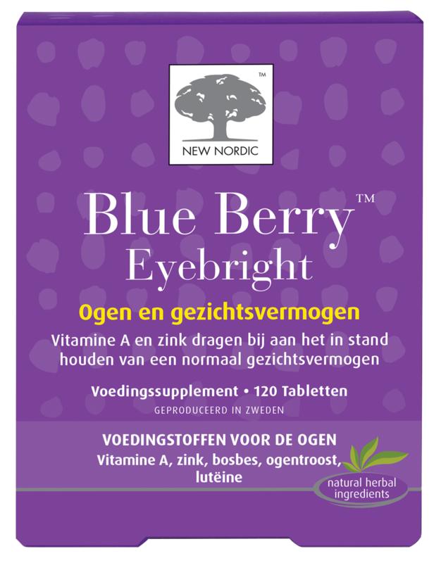 New Nordic Blueberry Eyebright herbal supplement tablets, 120 count, featuring fresh blueberries and eyebright herbs in a blister pack.