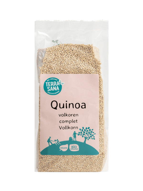 Organic TerraSana Quinoa volkoren, raw superfood in 400g package, with uncooked quinoa grains visible in the image.