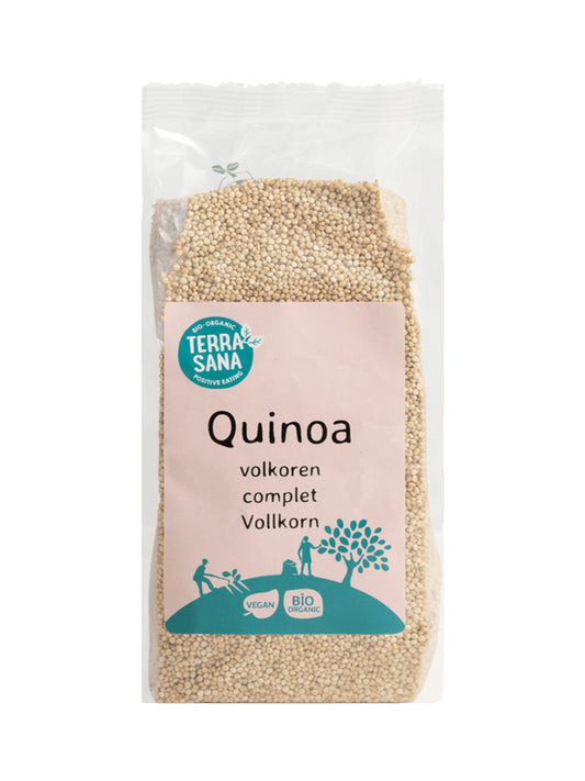 Organic TerraSana Quinoa volkoren, raw superfood in 400g package, with uncooked quinoa grains visible in the image.