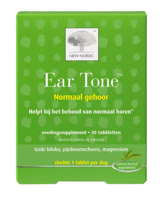 New Nordic Ear Tone herbal supplement tablets, natural herbal preparation for ear health, shown in a container.