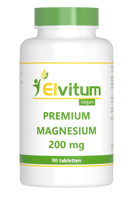 Elvitum Premium magnesium 200mg tablets, mineral supplement, close-up of a bottle with 90 tablets on the label.