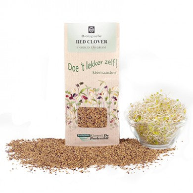 Red clover bio peashell from Peuleschil, 135 grams, fresh green organic clover in a clear packaging.