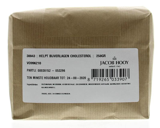 Jacob Hooy herbal supplement for lowering cholesterol in 250g jar, featuring dried herbs and natural ingredients.