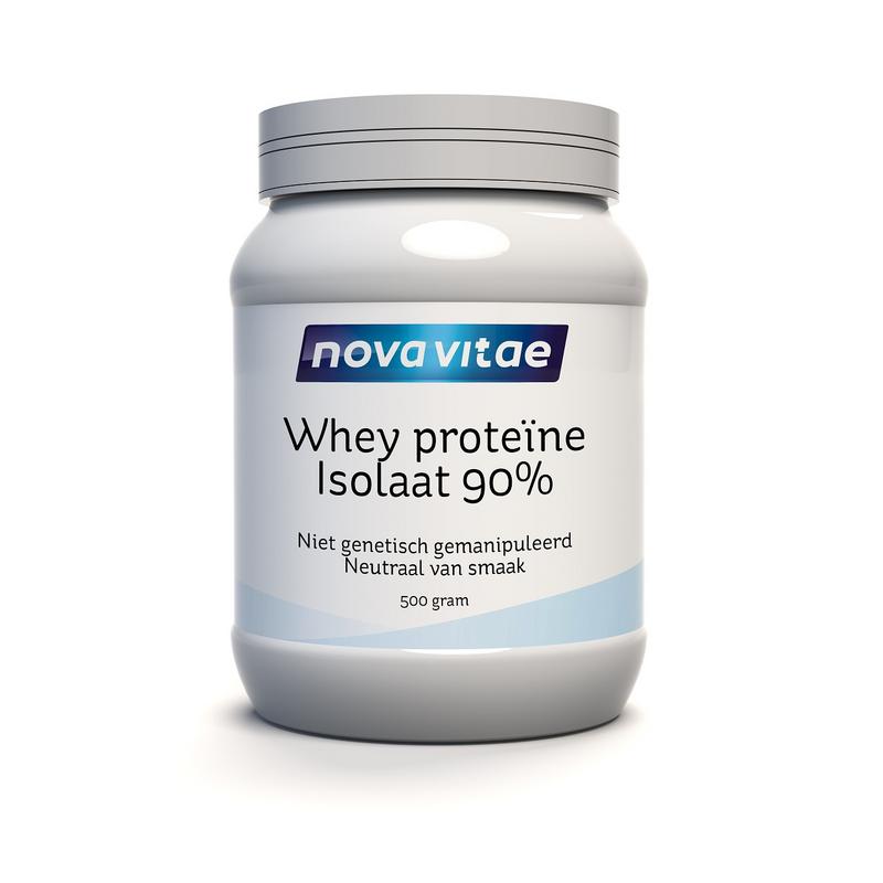 Nova Vitae Whey Proteïne Isolaat 90% maaltijdvervangers in 500g container, high-protein supplement for fitness and nutrition.
