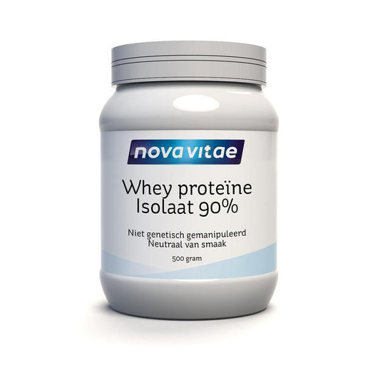 Nova Vitae Whey Proteïne Isolaat 90% maaltijdvervangers in 500g container, high-protein supplement for fitness and nutrition.