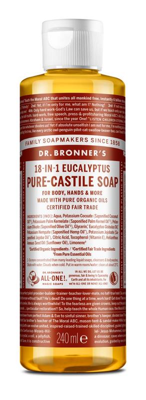 Dr Bronners eucalyptus liquid soap in 240ml bottle, natural Zeep with fresh eucalyptus scent, shown in a clear plastic bottle