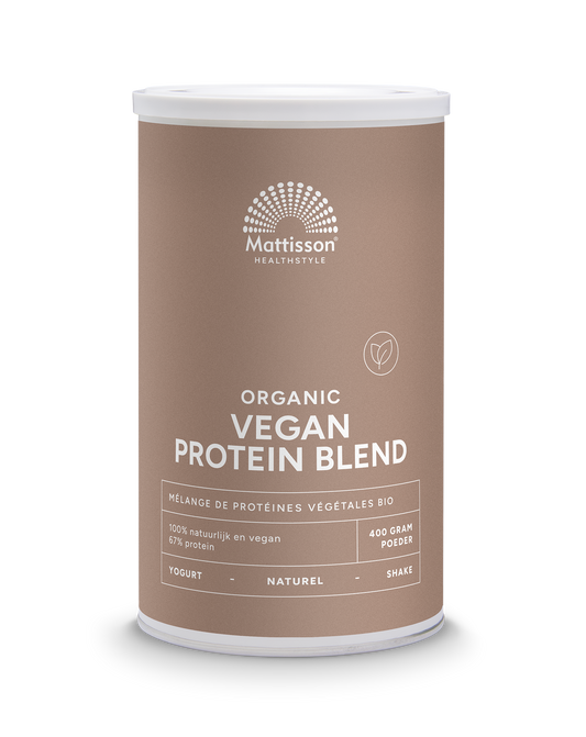 Organic vegan protein blend by Mattisson, 67% bio raw superfood powder in a 400g package, rich in plant-based nutrients.