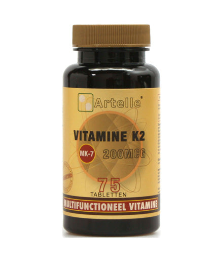 Artelle Vitamin K2 200mcg Menachinon-7 supplement in a bottle of 75 tablets, showing the product label and tablets inside