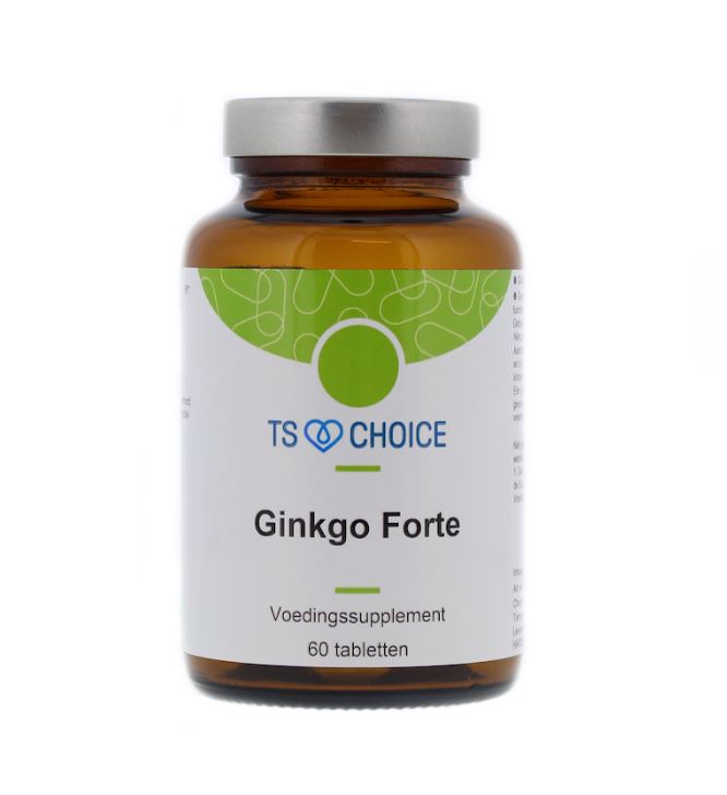 TS Choice Ginkgo Forte herbal supplement tablets, 60 count, showing the bottle and packaging for herbal health support.