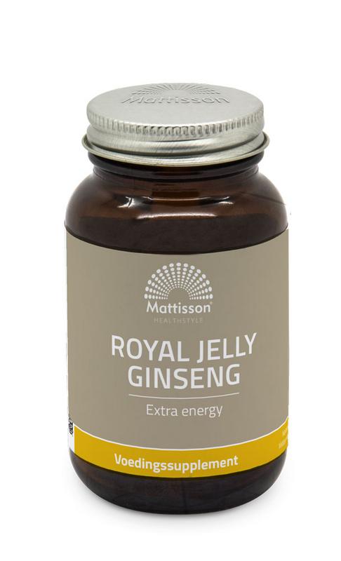 Mattisson Ginseng+ royal jelly capsules, herbal supplement in a bottle, featuring 60 capsules for natural health support
