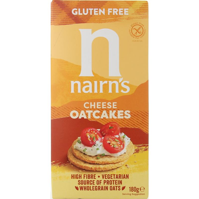 Nairns oatcakes cheese flavor, 180g, crispy Scottish oat biscuits with cheese, in a close-up image showing the product packaging.