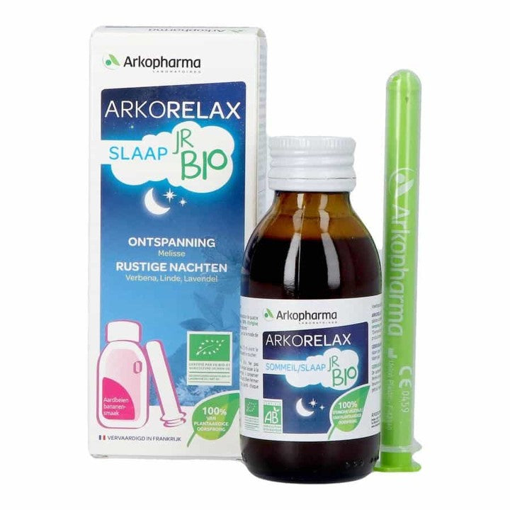Arkorelax Slaap Jr bio herbal supplement bottle, 100ml, featuring natural herbal ingredients in a clear container with a white label.