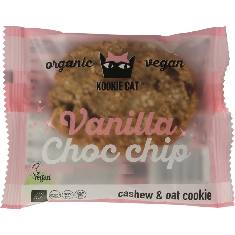 Kookie Cat Vanilla Chocolate Chip Bio Koeken cookie, 50g, with visible vanilla and chocolate chips in a crispy baked treat.