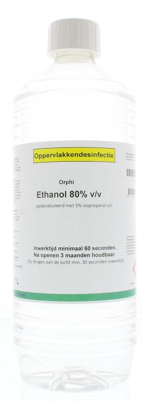 Orphi alcohol disinfectant bottle with 80% ethanol and 5% IPA, 1-liter size, for surface cleaning and sanitizing.